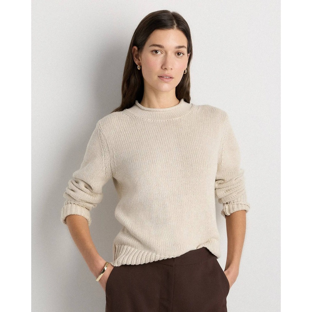 Quince Cotton Knit Rolled Neck Sweater Speckled Natural Medium NWT